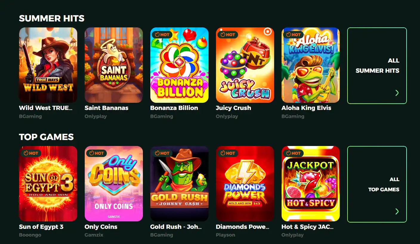BetNova casino game selection interface